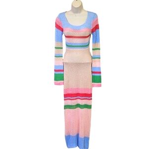 Q2 Etiquette Cream/Blue Stripe Block Multi-Color Crochet Maxi,One Size,NWT